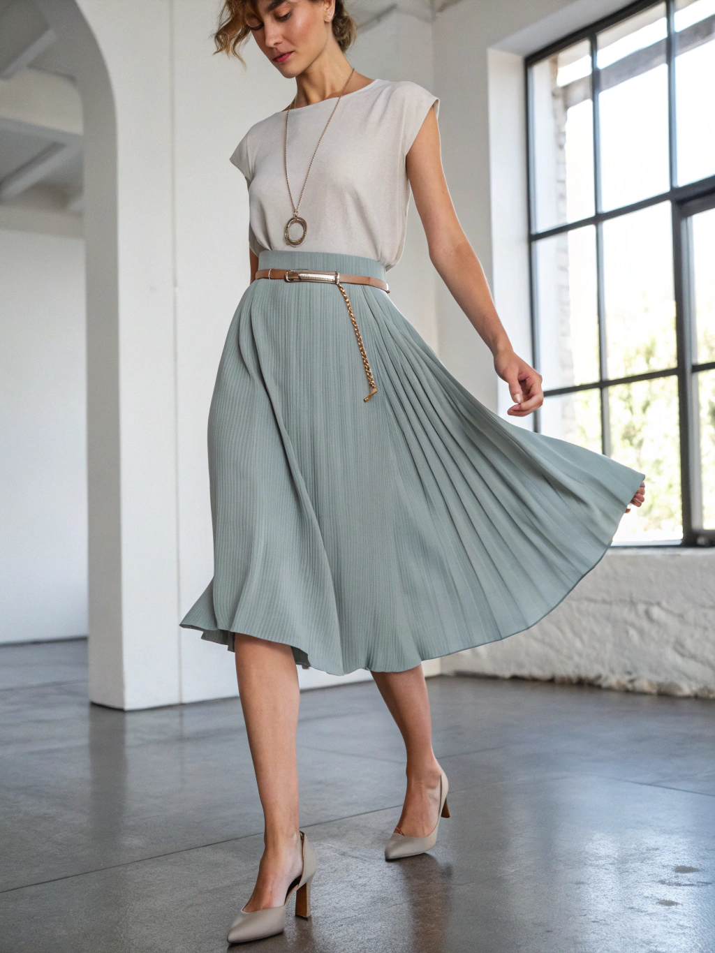 Customer showcasing sleek pleated column skirt against modern concrete backdrop
