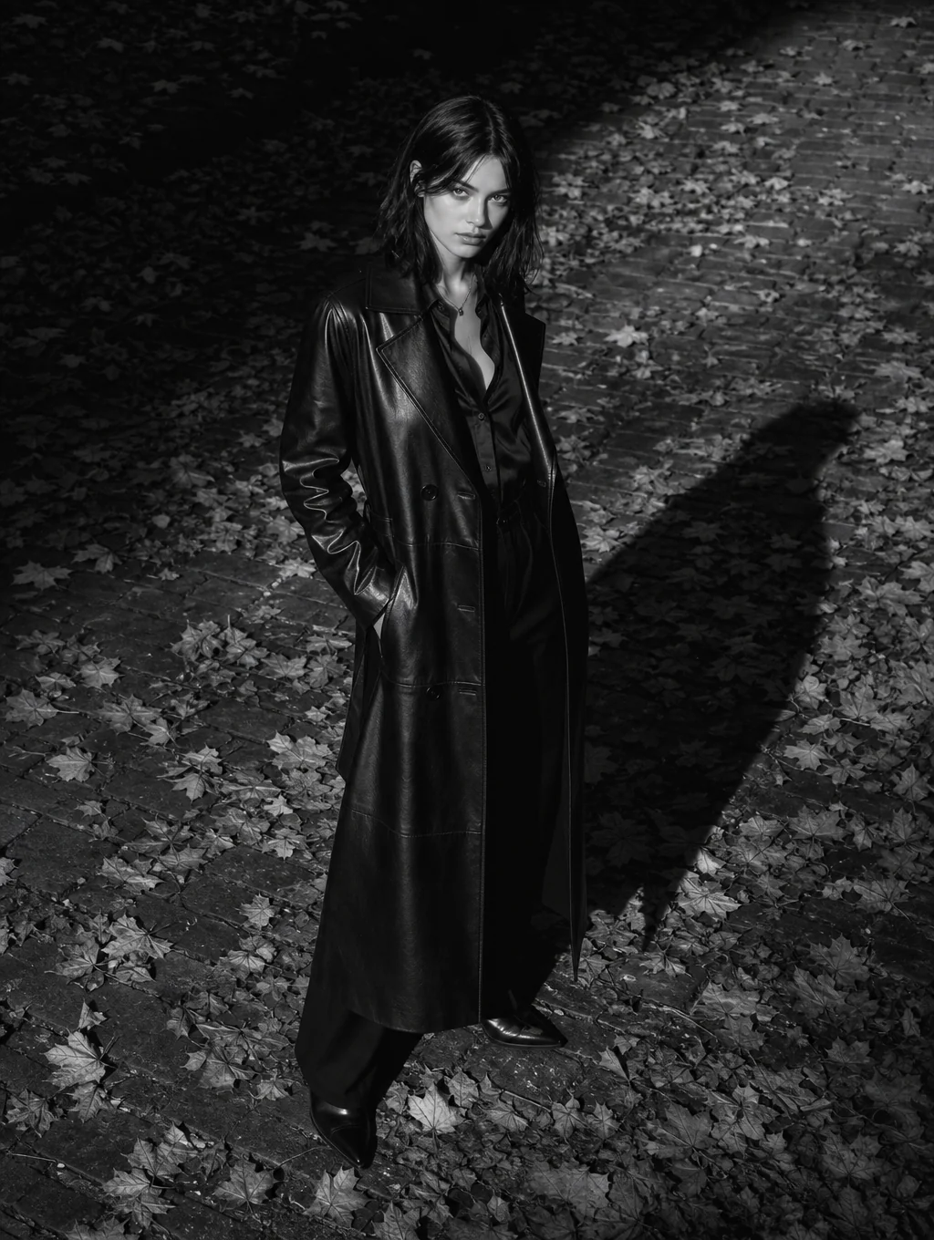 Customer posing in structured oversized trench coat with belt detail